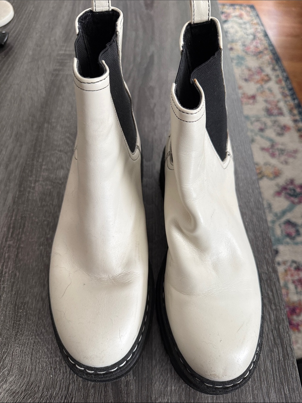 Marc Fisher White Leather Chelsea Ankle Boots with Black Elastic